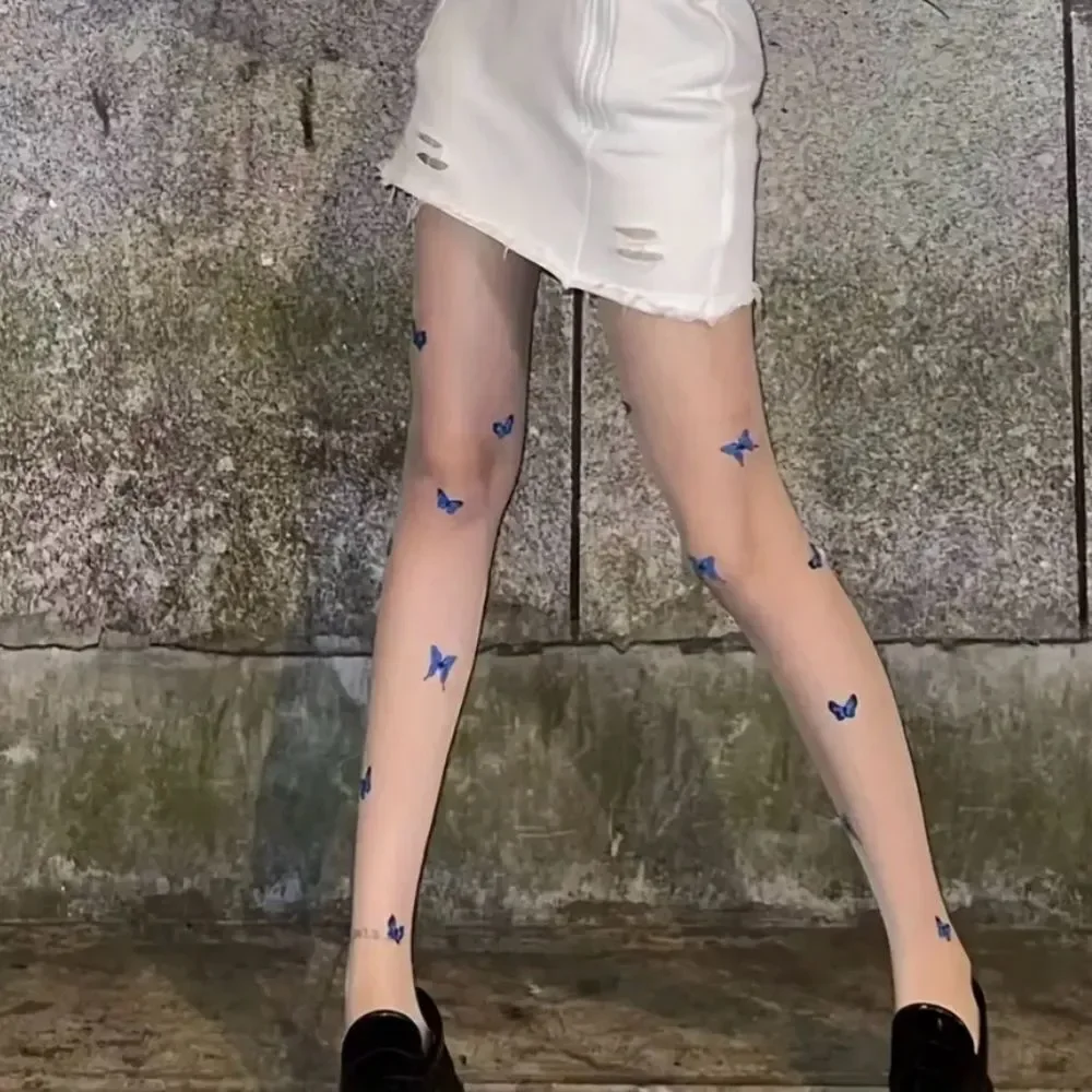 Blue Butterfly Print Ultra-Thin Tights